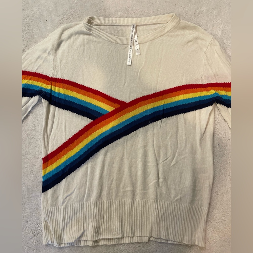 Spiritual Gangster Cream Knit Top with rainbow stripe details
